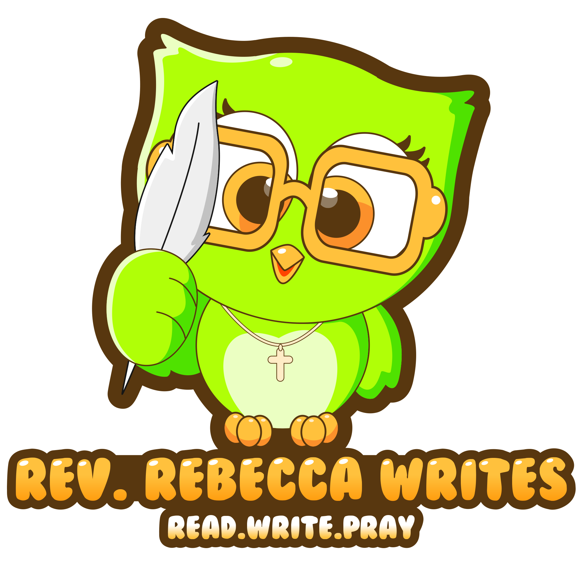 A green owl logo for Rev. Rebecca Writes