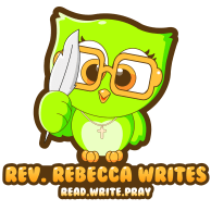 A green owl logo for Rev. Rebecca Writes