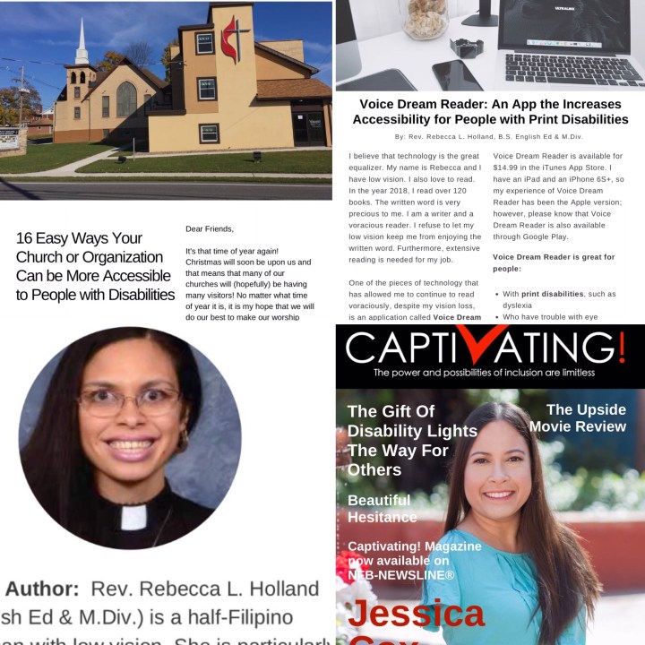 A collage shows the articles, "16 Easy Ways Your Church or Organization Can Be More Accessible," and "Voice Dream Reader: An App that Increases Accessibility for People with Print Disabilities." It also shows Rebecca's author photo and the January Cover of Captivating