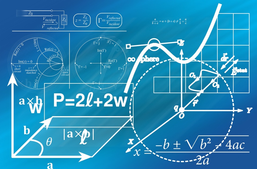 Image shows a blue background with geometric equations